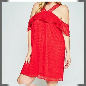 Red Cold-Shoulder Lace Midi Dress